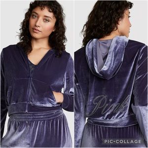 PINK VELOUR SHINE LOGO FULL-ZIP CROP HOODIE